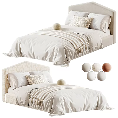 Minimalist Single Bed Interior With Linen Bedding Decorative Balls And Upholstered Headboard 3d model