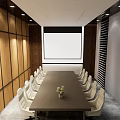 Modern Conference Room With Long Table White Chairs Projection Screen Wooden Walls And Ceiling Lights
