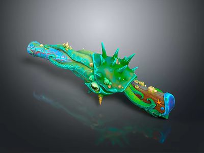 3D Rendered Fantasy Rifle Weapon With Colorful Green Blue Spikes And Decorative Details 3d model