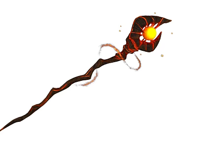 Mystic Magic Staff With Fiery Glowing Orb Dark Red Patterned Shaft And Energy Sparks 3d model