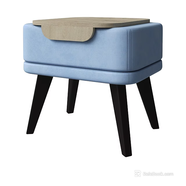 Light Blue Upholstered Stool With Modern Minimalist Design And Black Wooden Legs 3d model 