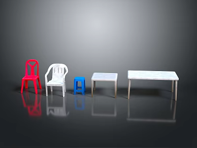 Colorful Modern Furniture Collection Featuring Red White Chairs Blue Stool And White Tables 3d model