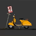 Yellow Scooter Motorcycle With No Parking Sign On Display Platform
