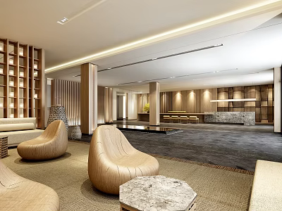 Modern Hotel Lobby Interior Design With Comfortable Leather Chairs Marble Coffee Tables And Wooden Decor 3d model