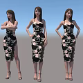 Game Movie Female Character in Floral Dress Pink Flowers Side Slit High Heels Black Background
