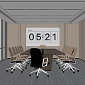 Modern Conference Room With Long Table Chairs Large Windows And Digital Clock 3d model