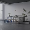 Modern Tea Table And Chairs Interior With Green Plants Marble Top And Wooden Design
