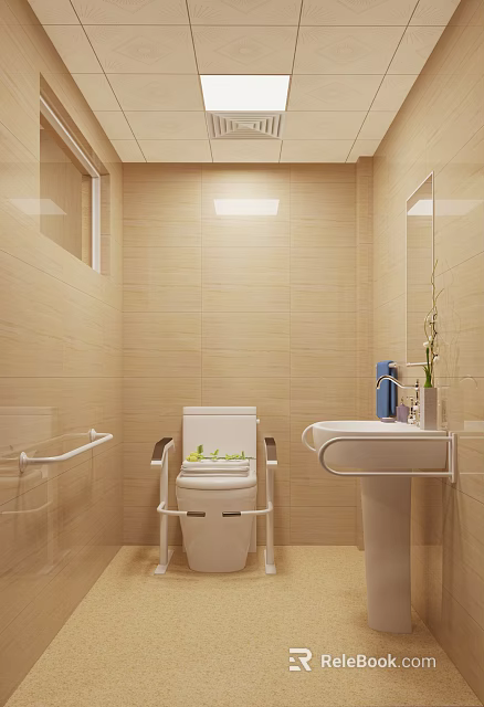 Public Restroom with Beige Tile Walls Toilet Grab Bars Sink Mirror Soap Dispenser and Window 3d model 