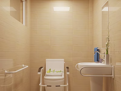 Public Restroom with Beige Tile Walls Toilet Grab Bars Sink Mirror Soap Dispenser and Window 3d model