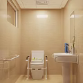 Public Restroom with Beige Tile Walls Toilet Grab Bars Sink Mirror Soap Dispenser and Window