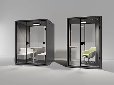 Commercial Equipment Black Soundproof Pods With Transparent Glass Doors Interior Tables Chairs And Lighting 3d model