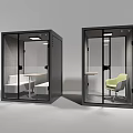 Commercial Equipment Black Soundproof Pods With Transparent Glass Doors Interior Tables Chairs And Lighting