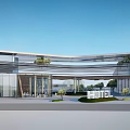 Modern Commercial Complex Architecture With Glass Curtain Walls Unique Roof And Surrounding Greenery