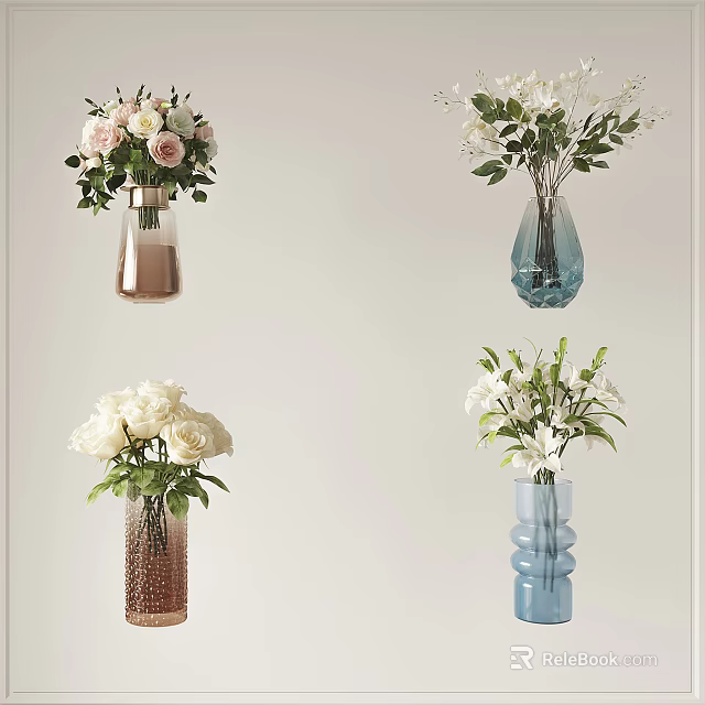 Stylish Copper And Blue Vases With White Roses Lilies And Green Leaves For Home Decor 3d model 