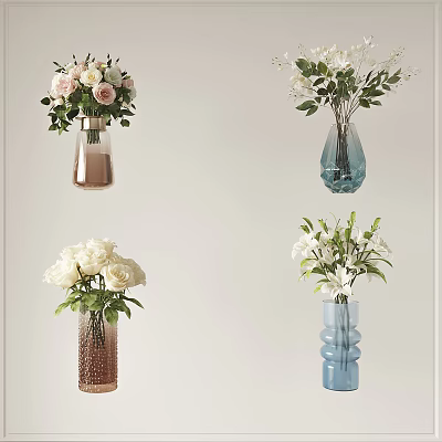 Stylish Copper And Blue Vases With White Roses Lilies And Green Leaves For Home Decor 3d model