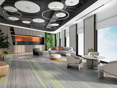 Modern Break Room With Open Layout Sofa Green Plants Round Pendant Lights And Large Windows 3d model