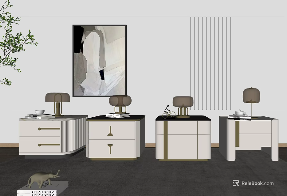 Modern Nightstands with Gold Accents Lamp Decor and Minimalist Wall Art Design 3d model 