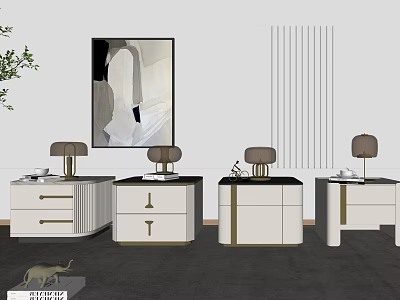 Modern Nightstands with Gold Accents Lamp Decor and Minimalist Wall Art Design 3d model