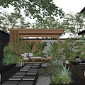 Serene Garden With Wooden Pavilion Stone Path Waterfall Lush Plants And Decorative Lanterns