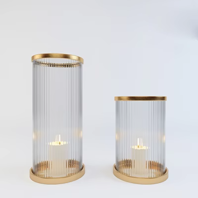 Transparent Glass Candle Lamps With Vertical Stripes Golden Trim And Lit Candle On White Background 3d model