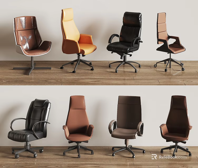 Modern Office Chairs In Various Colors With Leather Upholstery And Rolling Casters 3d model 