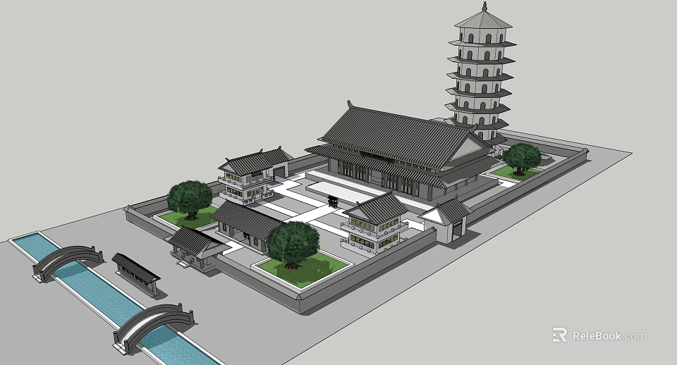 Ancient Chinese Architectural Complex Featuring Traditional Pagoda Courtyard And Stone Bridge 3d model 