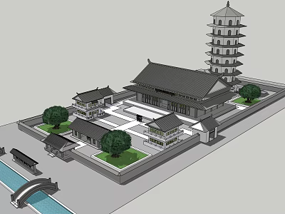 Ancient Chinese Architectural Complex Featuring Traditional Pagoda Courtyard And Stone Bridge 3d model