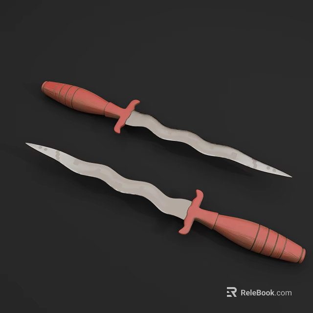 Two Sharp Curved Knives With Red Wooden Handles And Curved Blades 3d model 
