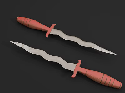 Two Sharp Curved Knives With Red Wooden Handles And Curved Blades 3d model