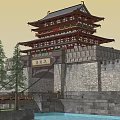 Ancient Architecture With Multi Tiered Tower City Wall Inscription Board And Surrounding Moat