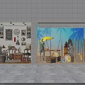 Vintage and Beach Theme Store Window Display with Clocks Shelves Plants Beach Umbrella Surfboards and Mannequins