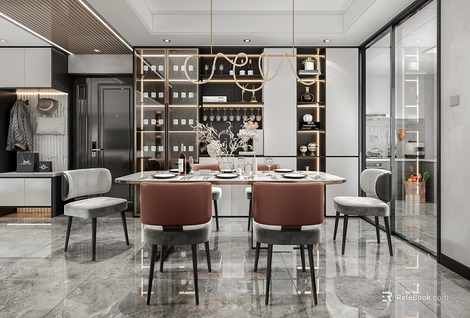 Modern Restaurant Interior With Dining Table Chairs Pendant Lights Wine Racks And Marble Floor 3d model 