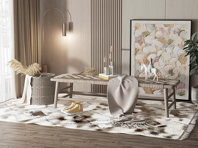 Wooden Stool In Cozy Living Room With Floor Lamp Artwork Plant And Soft Rug 3d model