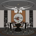 Elegant Restaurant Interior With Circular Dining Table Chairs Chandelier Wall Decoration Painting And Cabinets