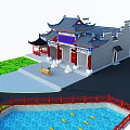 Ancient Chinese Architecture With Curved Eaves Blue Plaque Red Pillars Car Railings And Green Grass