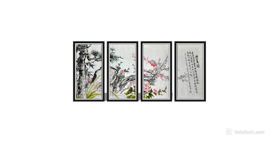 Four Panel Chinese Botanical Paintings Featuring Pine Bamboo Plum Blossoms and Calligraphy 3d model 
