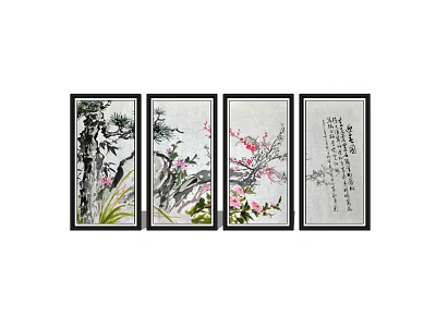 Four Panel Chinese Botanical Paintings Featuring Pine Bamboo Plum Blossoms and Calligraphy 3d model