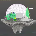 Cartoon Scene of Floating Island Featuring Green SUV Camper Tent Pine Tree String Lights and Full Moon