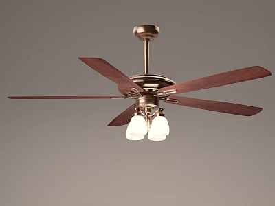 Elegant Ceiling Fan With Light Featuring Wooden Blades White Glass Shades And Metal Base 3d model