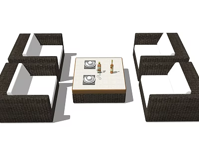 Wicker Outdoor Sofa Set With Coffee Table Plates And Bottle For Patio 3d model