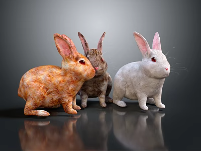 Three Adorable Rabbits Orange Brown and White Fluffy Plush Toys Standing on Dark Reflective Surface 3d model
