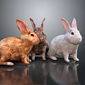 Three Adorable Rabbits Orange Brown and White Fluffy Plush Toys Standing on Dark Reflective Surface