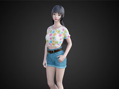 Fashionable Woman In Floral Print Top And Denim Shorts Standing Against Black Background 3d model