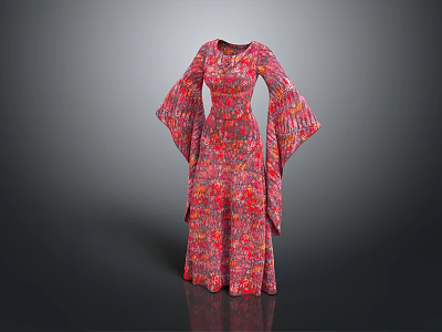 Stylish Floral Print Dress With Bell Sleeves Red And Pink Patterns Long Length 3d model