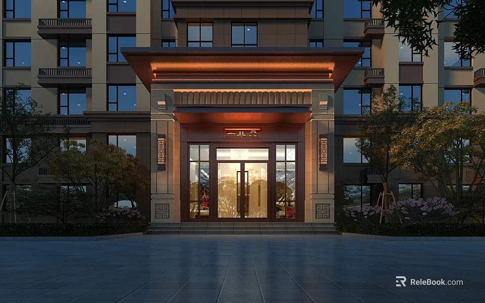 Modern Residential Building Entrance Gate With Glass Doors Metal Frame And Green Plants 3d model 