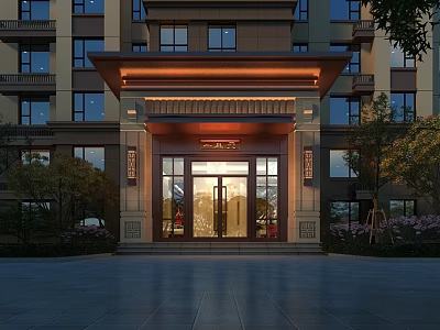 Modern Residential Building Entrance Gate With Glass Doors Metal Frame And Green Plants 3d model