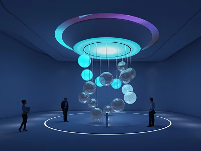 Blue Interior Exhibition Space With Circular Light And Transparent Spherical Decorations 3d model