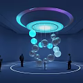 Blue Interior Exhibition Space With Circular Light And Transparent Spherical Decorations 3d model