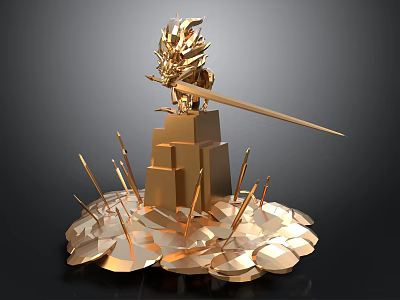 Golden Lion Head Sculpture With Long Sword On Layered Pedestal And Spikes 3d model