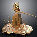 Golden Lion Head Sculpture With Long Sword On Layered Pedestal And Spikes